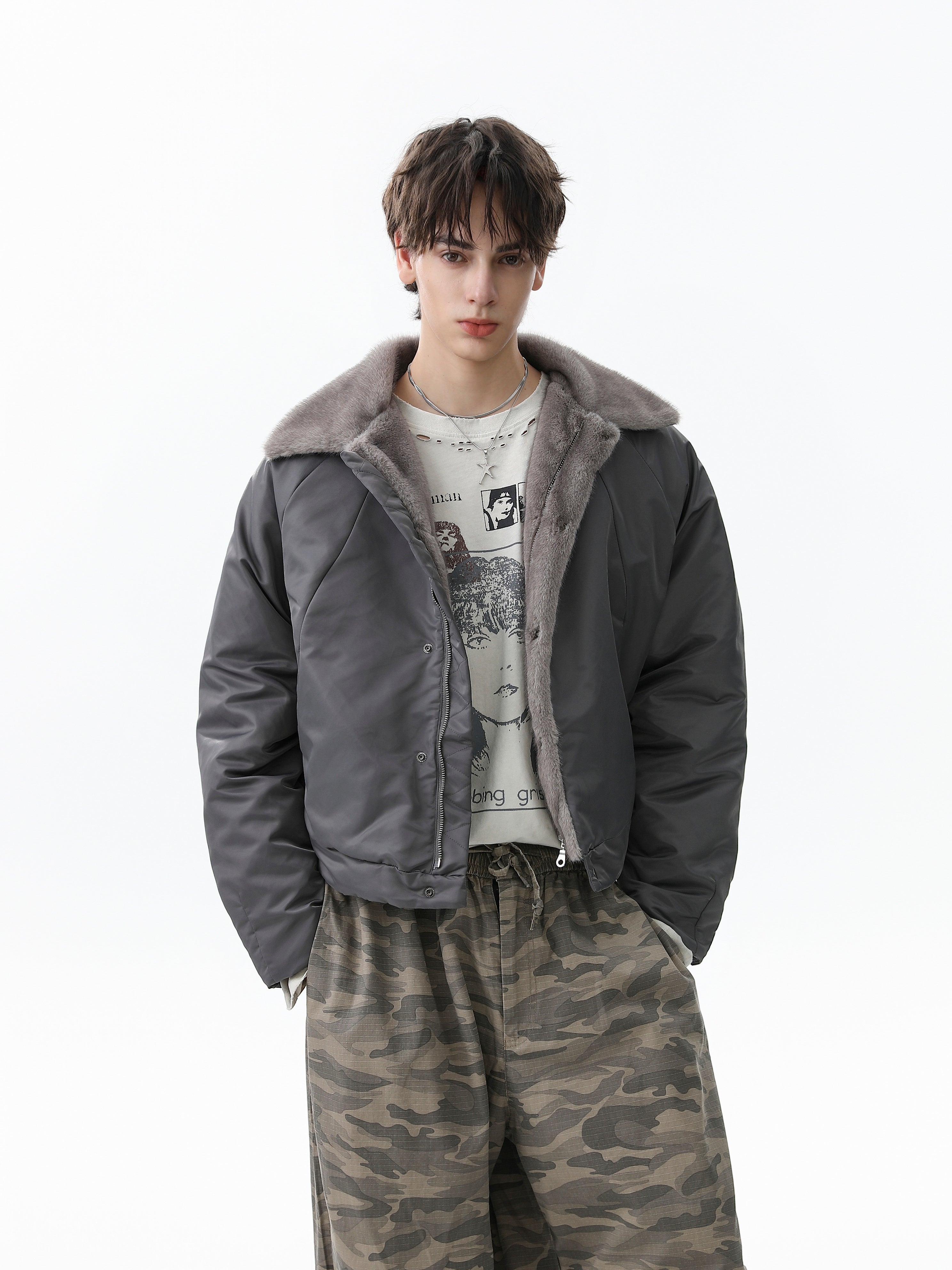 Faux Fur Collar Cropped Nylon Jacket | Smoke Gray & Black