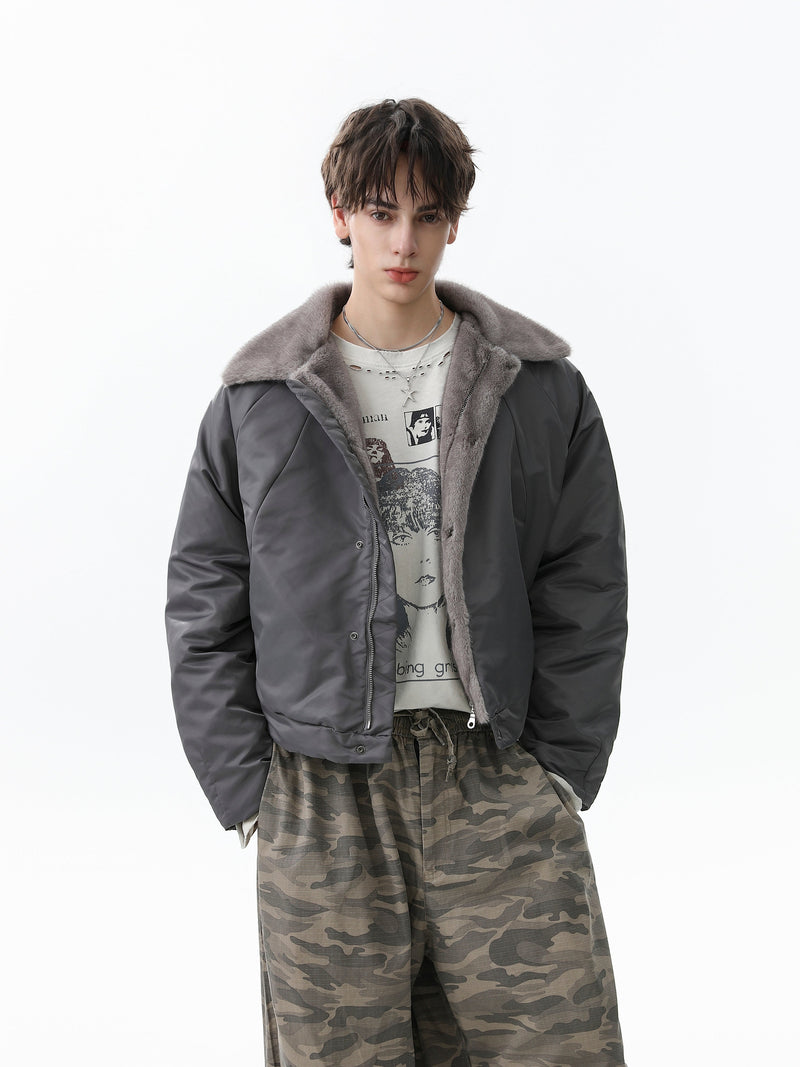 Faux Fur Collar Cropped Nylon Jacket | Smoke Gray & Black