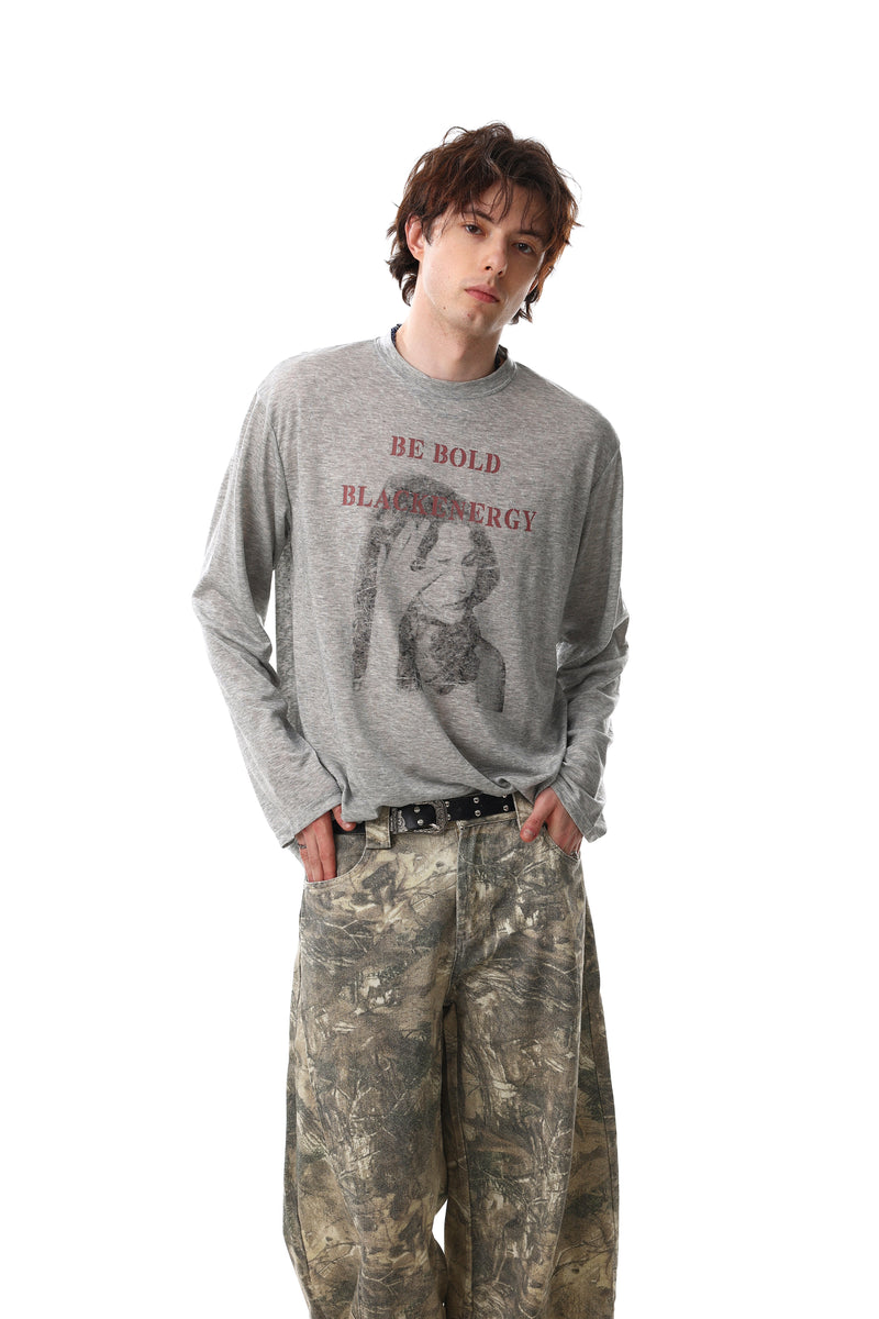 Be Bold Black Energy gray long sleeve tee worn by model, angled front view