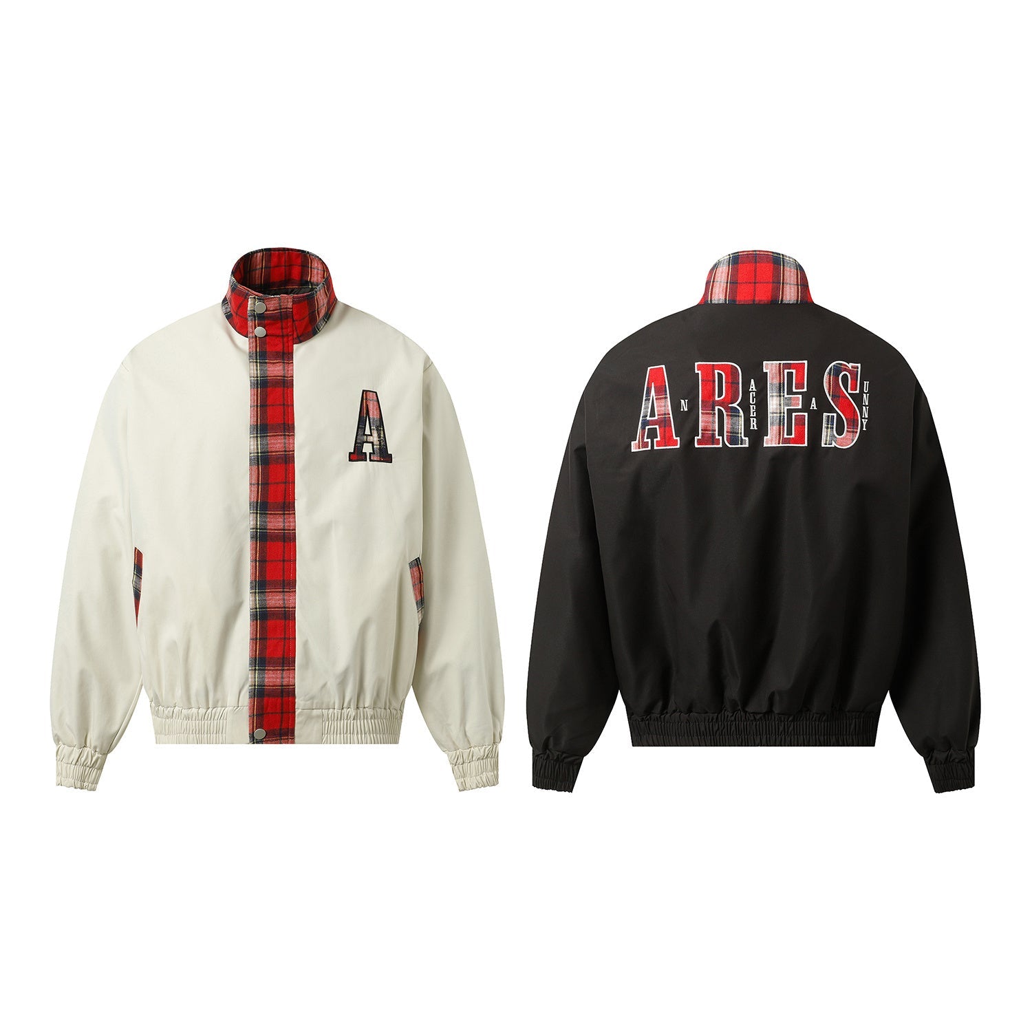 Front and back view of the Ares Plaid Panel Bomber Jacket in off-white with red tartan contrast panels and bold ARES back let