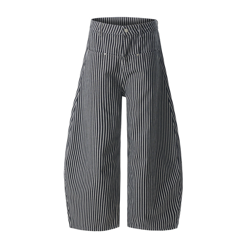 Black and white striped wide barrel jeans front view with high waist and long legs