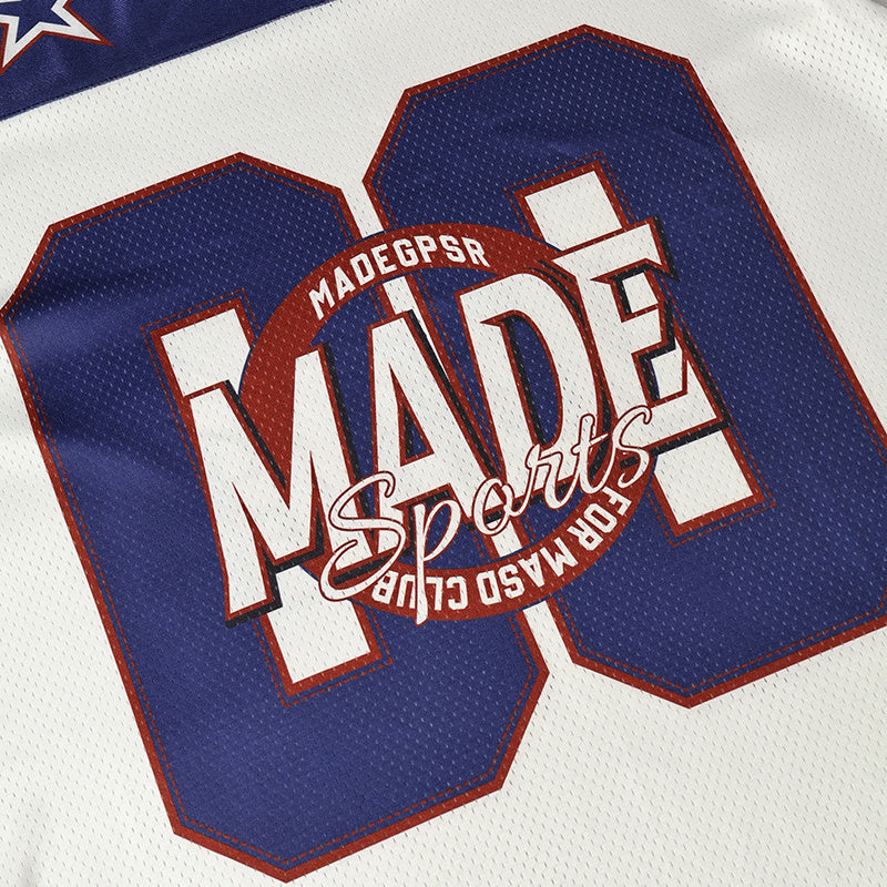 Retro varsity football jersey with bold blue number 01 and MADE Sports graphic on a white mesh top