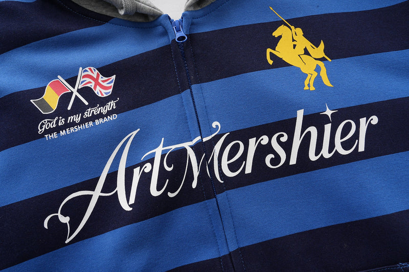 Close-up of ArtMershier logo and chest graphics on blue striped hoodie front