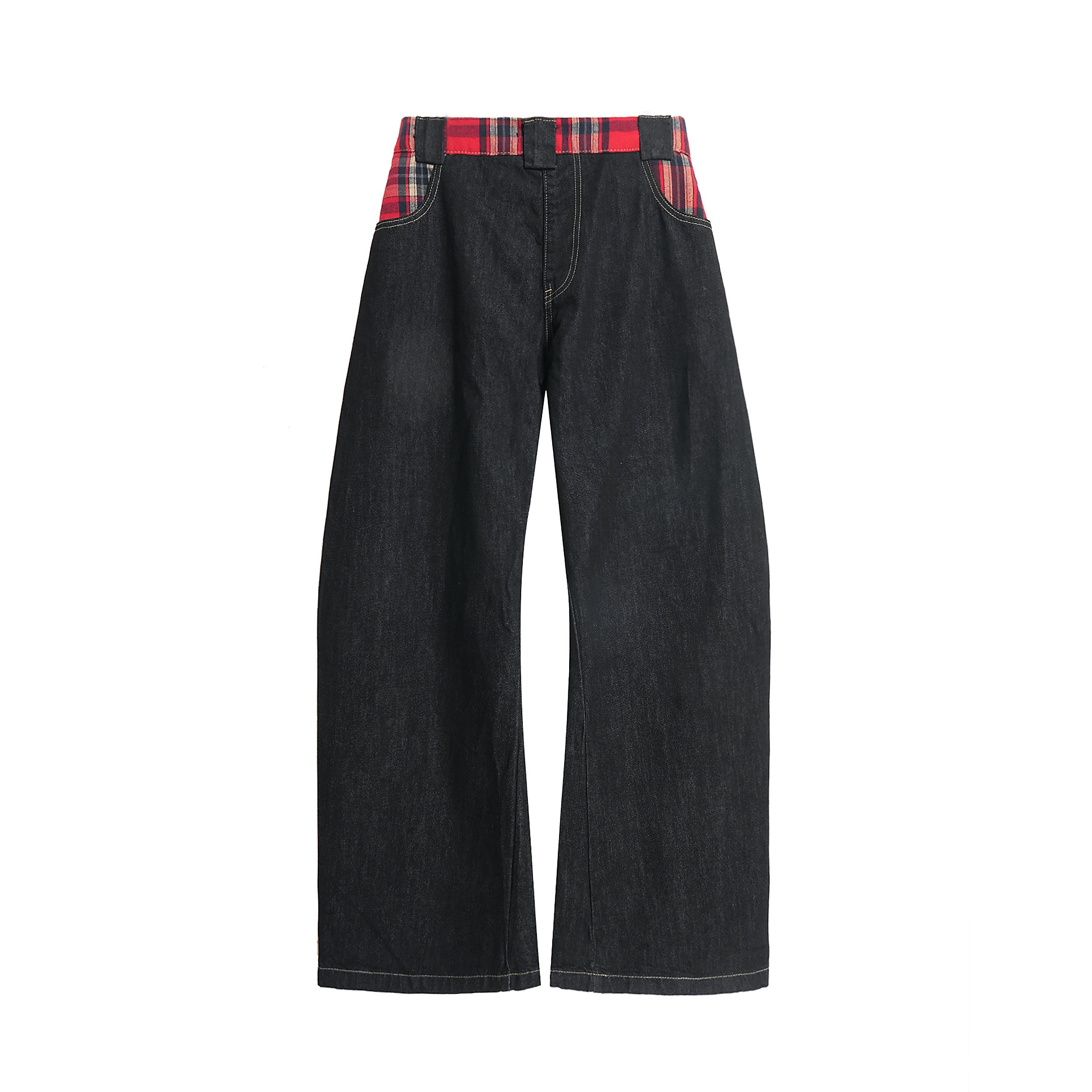 Plaid-Waist Wide-Leg Denim Pants | Retro Streetwear Jeans
