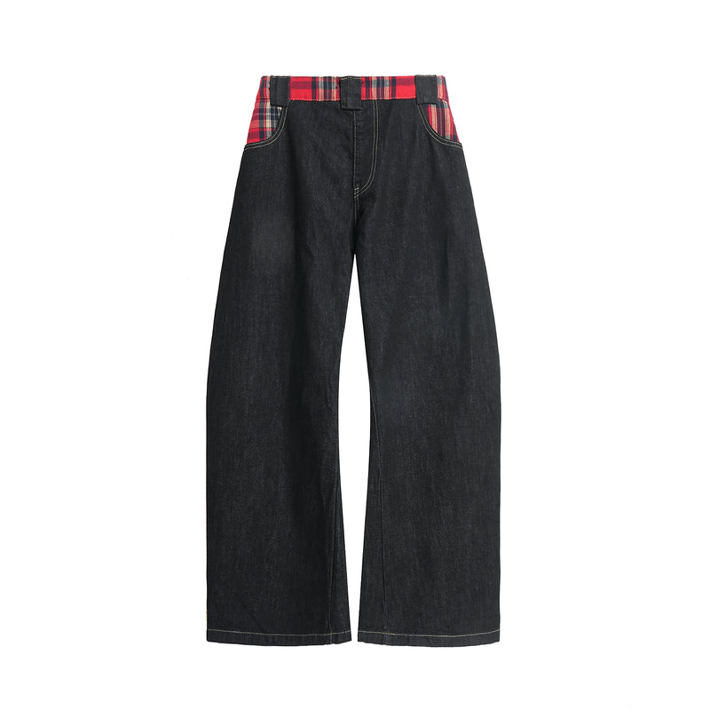 Plaid-Waist Wide-Leg Denim Pants | Retro Streetwear Jeans