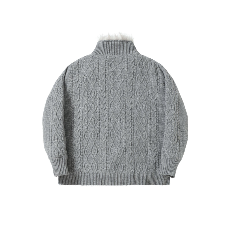 Fleece-Lined Cable Knit Zip Jacket | Faux Fur Collar