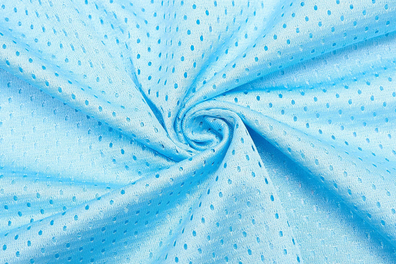 Light blue mesh jersey fabric with perforated texture and a spiral fold pattern