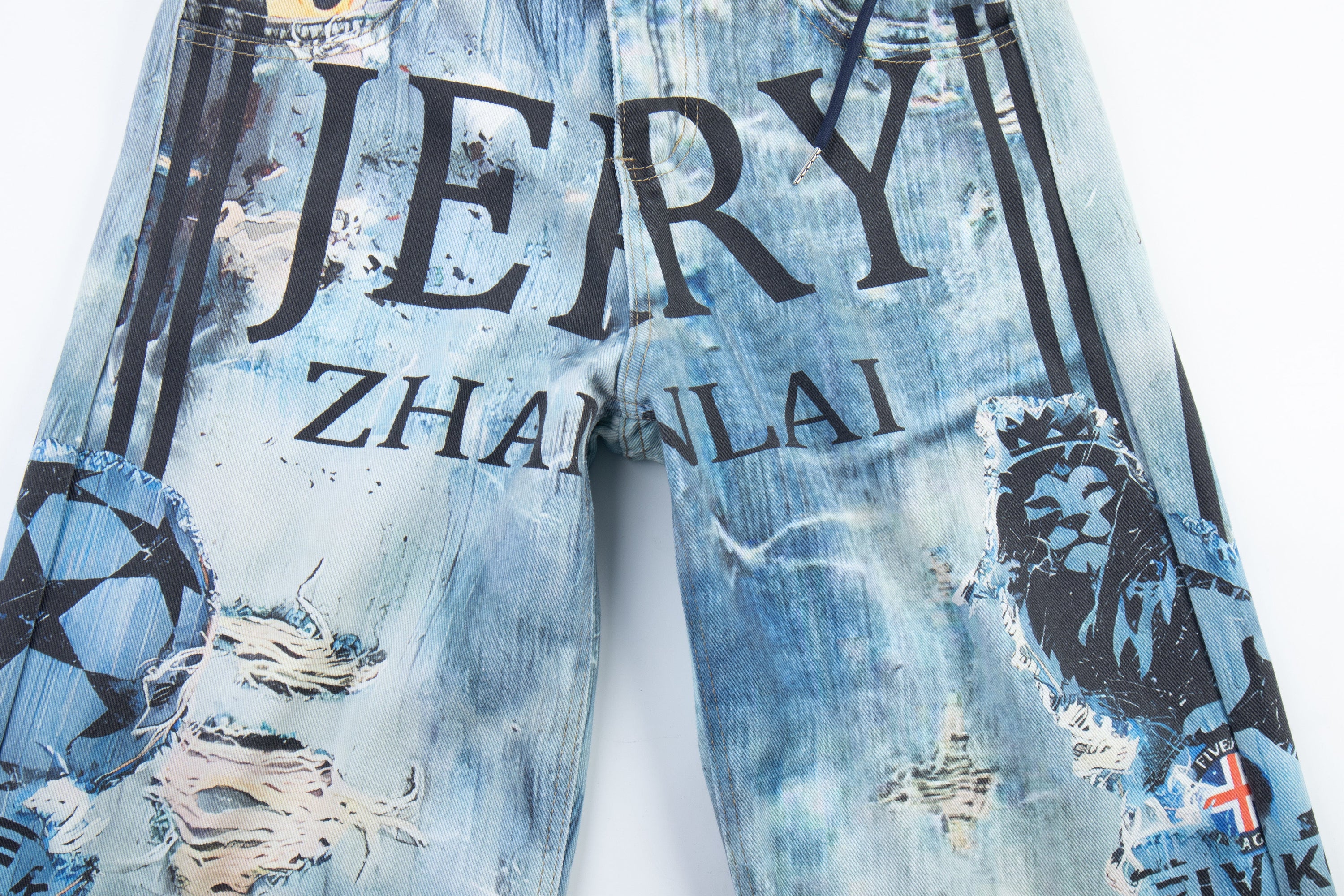 Layered Waist Graphic Denim Pants | Streetwear Baggy Fit