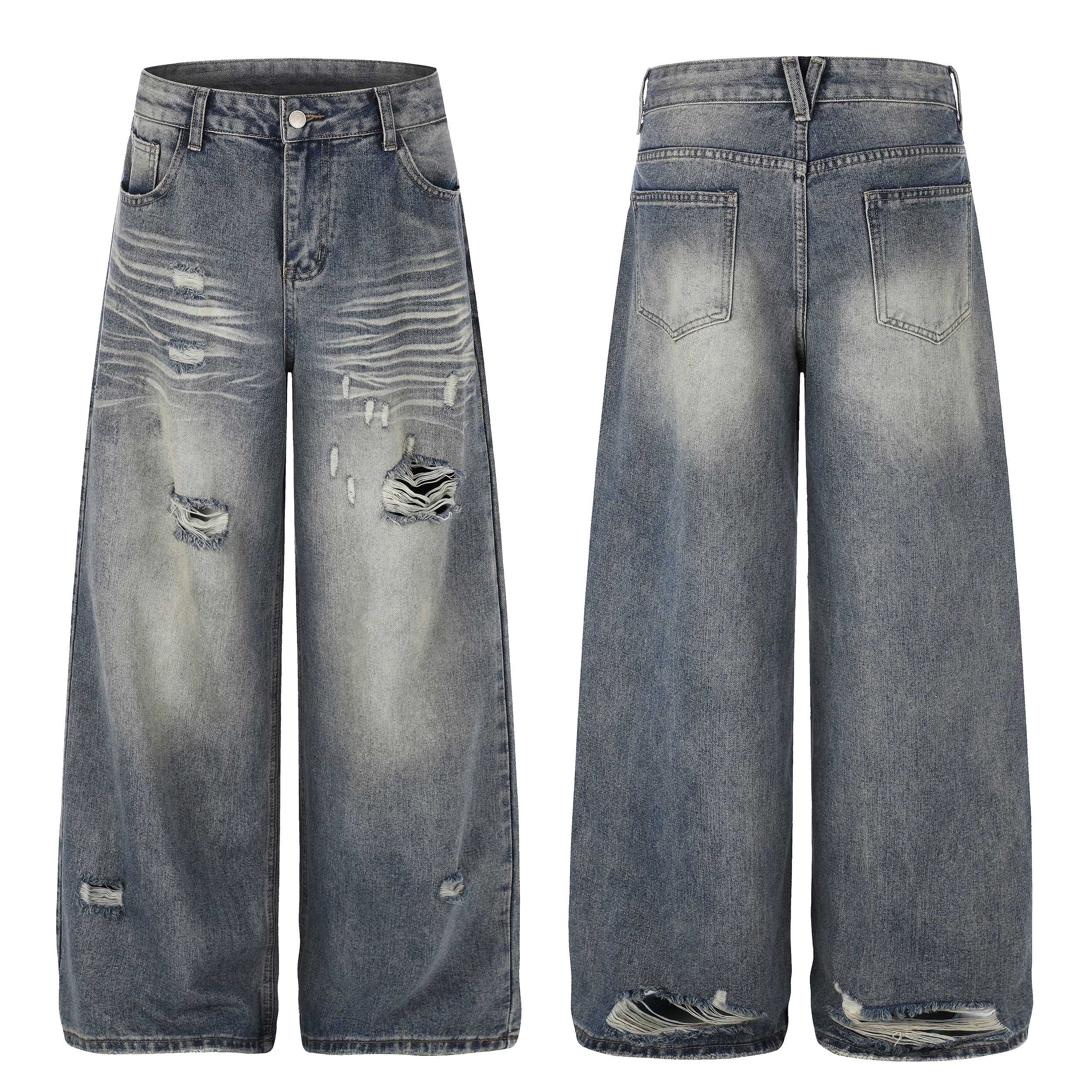 Front and back view of Omirad distressed wide-leg jeans in vintage washed blue denim with ripped detailing and frayed hem