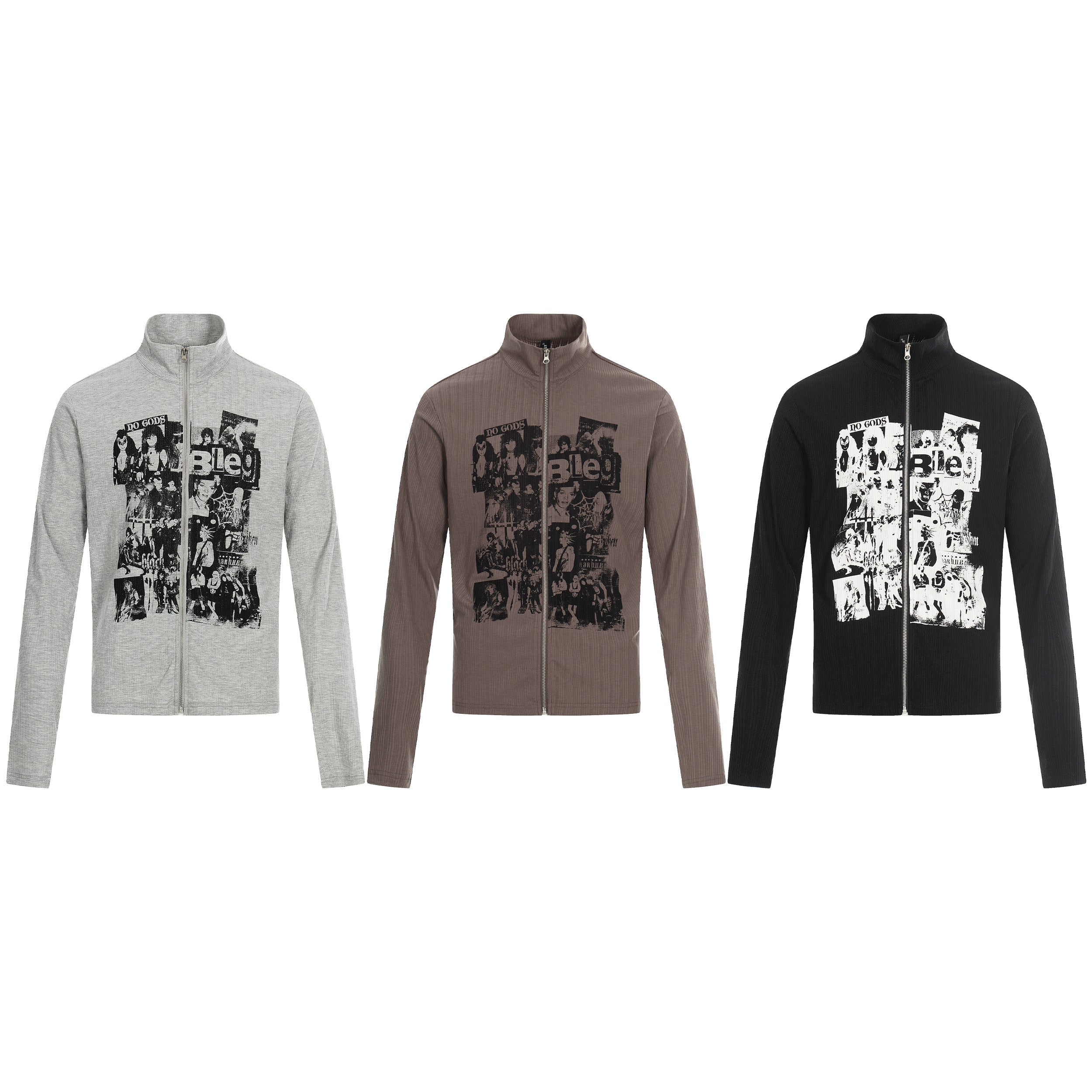 Heather grey full-zip track jacket with punk collage graphic print on chest, stand collar, ribbed cuffs, slim fit