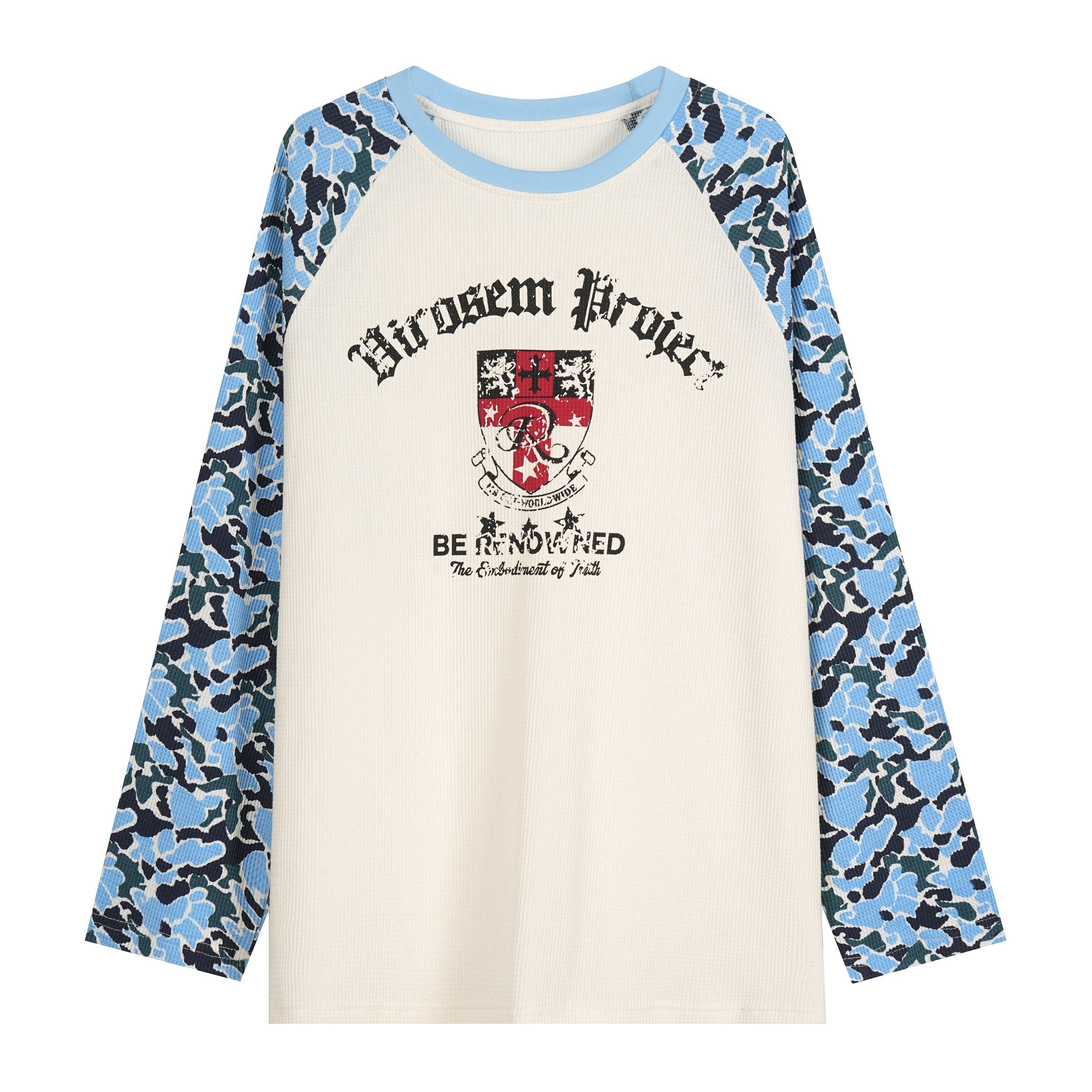 Cream waffle-knit raglan long sleeve tee with blue camo contrast sleeves and vintage crest graphic on chest