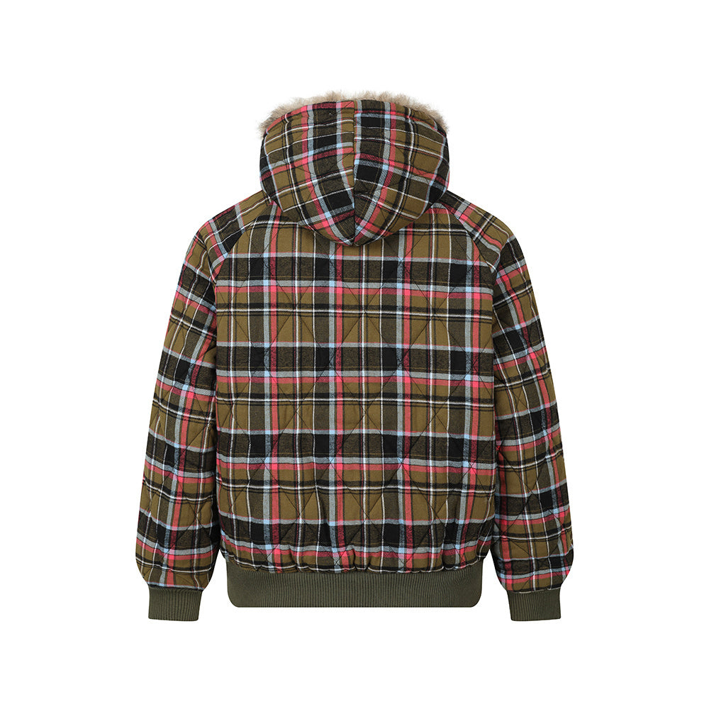 Reversible Plaid Faux Fur Hooded Bomber Jacket | Military Green