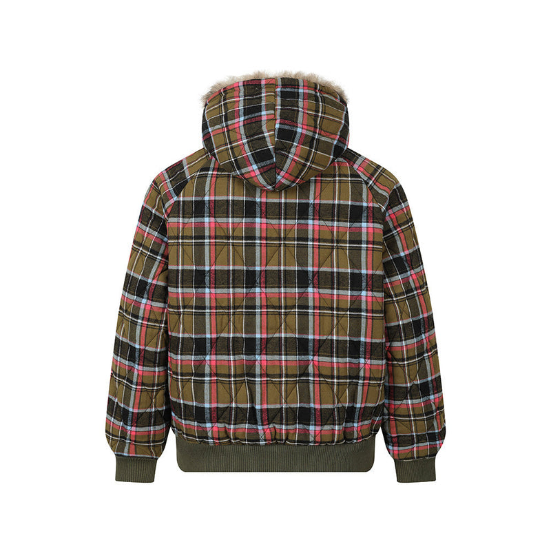 Reversible Plaid Faux Fur Hooded Bomber Jacket | Military Green