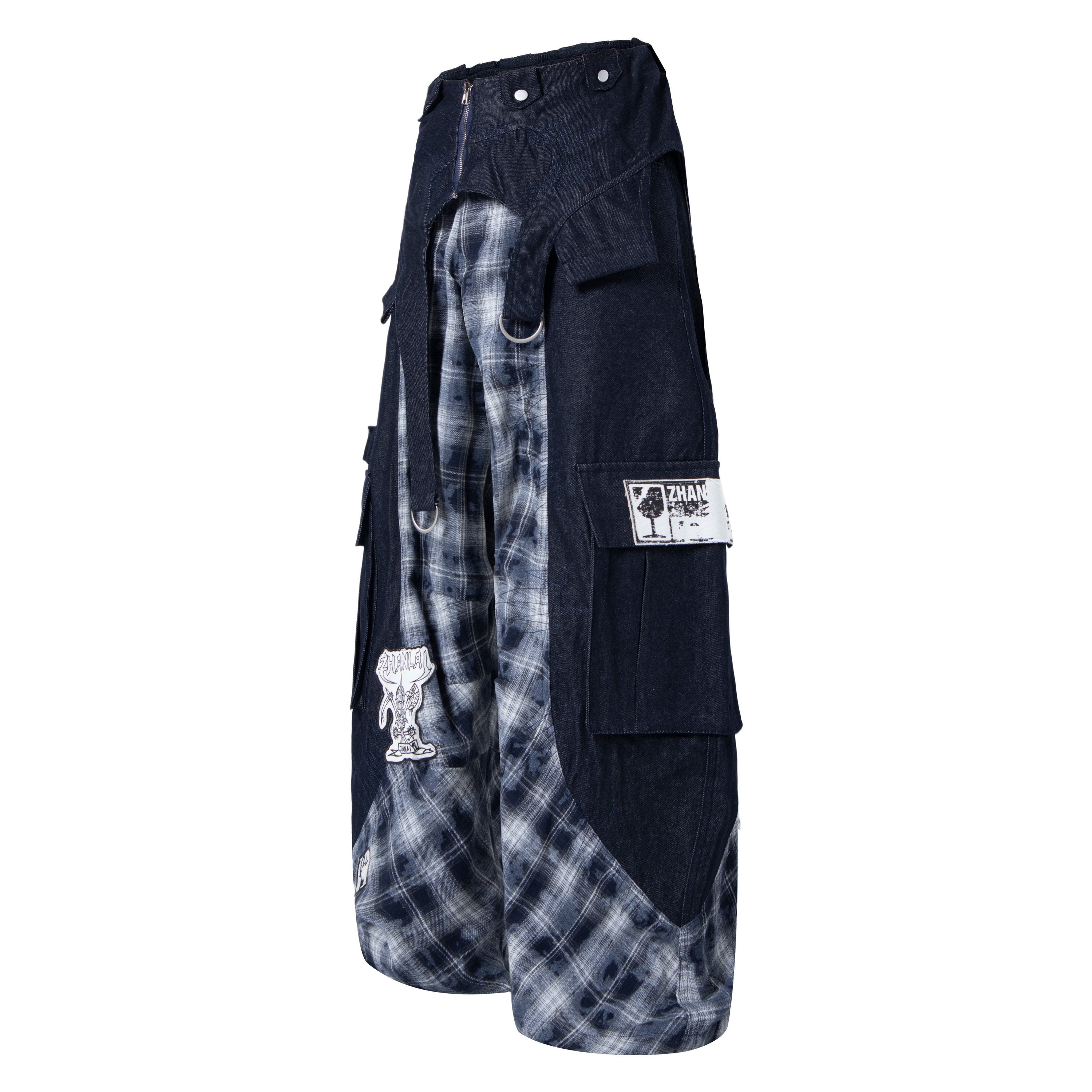 Punk Layered Plaid Panel Wide-Leg Cargo Pants | SEAKOFF