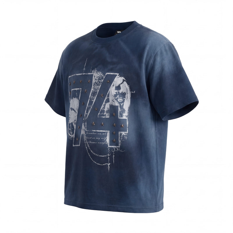 Navy distressed graphic tee with large 74 print, star accents, and vintage washed streetwear style