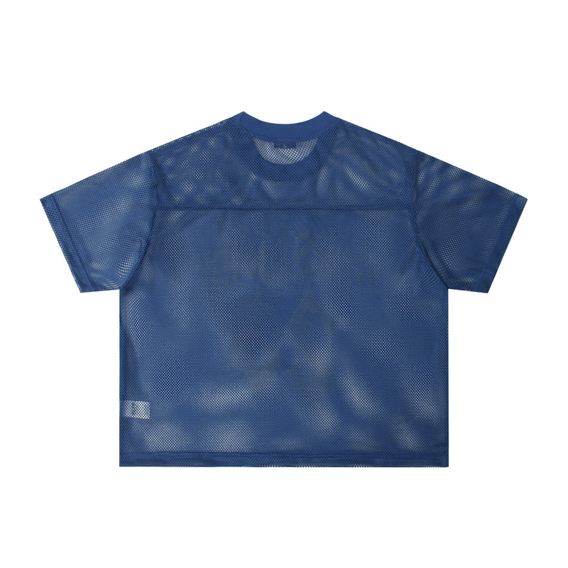 Blue oversized mesh jersey with short sleeves and a sheer athletic streetwear look
