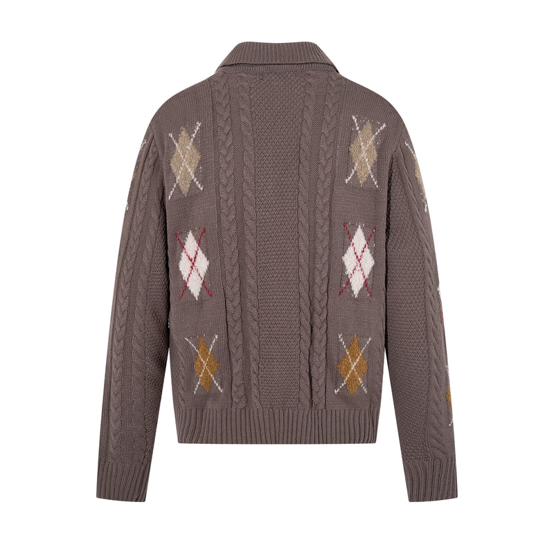 Back view of brown cable knit cardigan with argyle pattern on white background