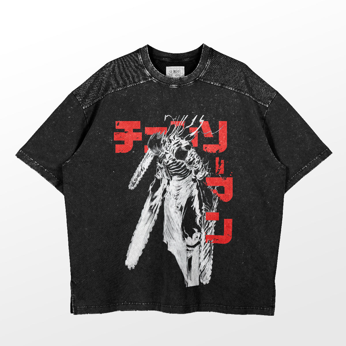 The Chainsaw Man Monochrome T-Shirt from the Chainsaw Man brand is a 100% cotton anime shirt with a bold design featuring a humanoid figure and red Japanese text on a washed black background, complete with a round neckline.