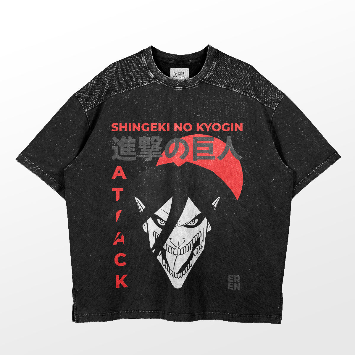 This Eren Yeager and Attack Titan Transformation T-Shirt by Attack on Titan features an anime graphic design with a stylized character face, Japanese and English text highlighting &quot;Shingeki No Kyojin&quot; and &quot;Attack,&quot; perfect for fans of Attack on Titan merchandise.