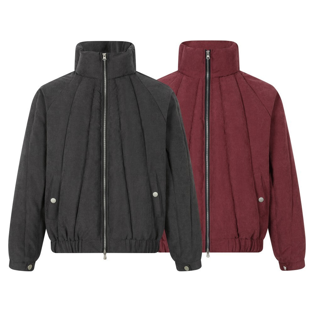Omirad panel quilted high-neck bomber jacket shown in charcoal grey and burgundy red colorways, front view