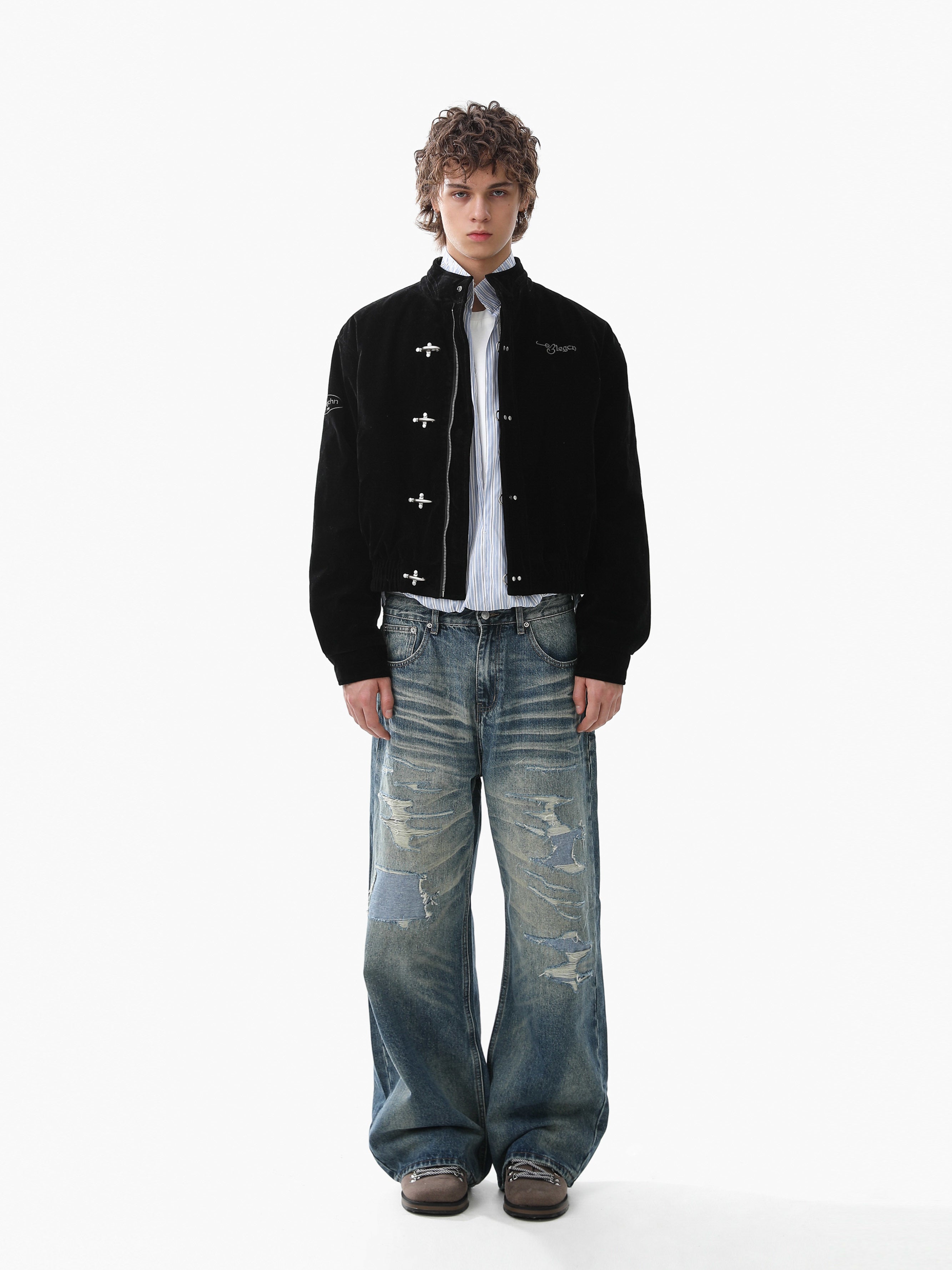 Omirad Embroidered Suede Metal Clasp Bomber Jacket