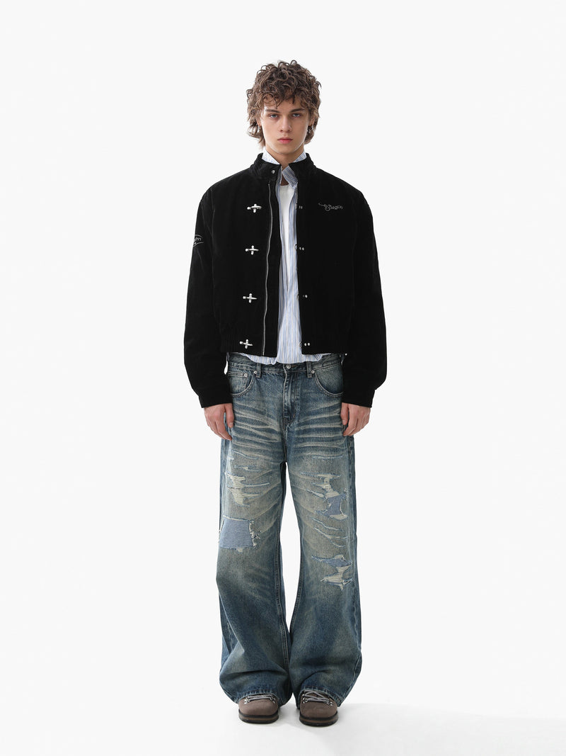 Omirad Embroidered Suede Metal Clasp Bomber Jacket