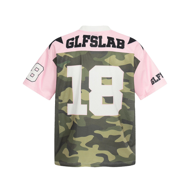 Pink mesh football jersey with green camouflage back, number 18, and black GLFSLAB lettering