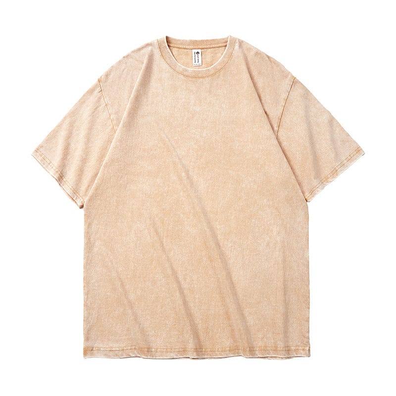 The Custom Anime Character Beige Washed T-Shirt is an oversized, short-sleeved tee, laid flat on white—ideal for your personalized anime style or unique custom design.