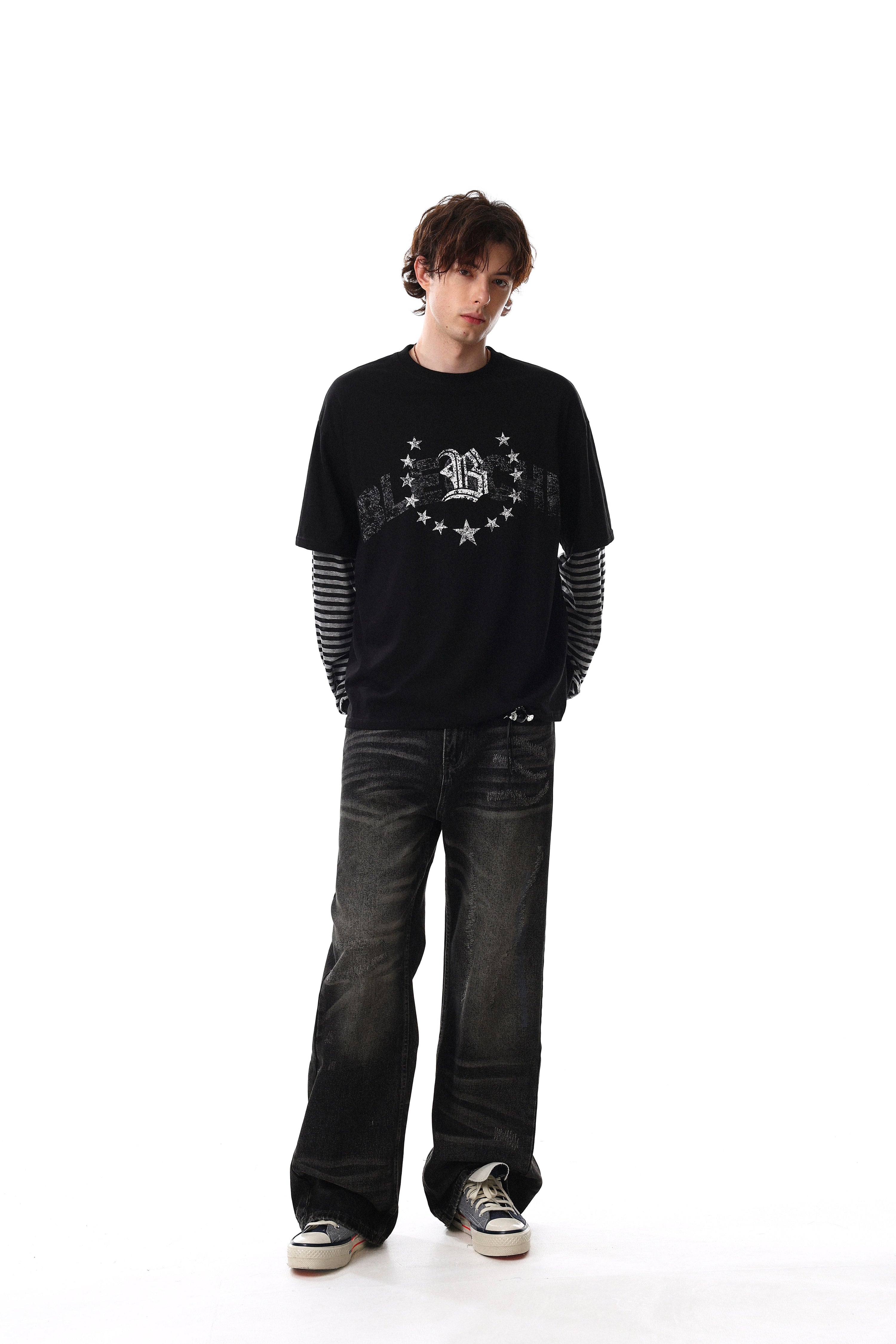 Men's Layered Graphic Long Sleeve Tee | Striped Sleeves