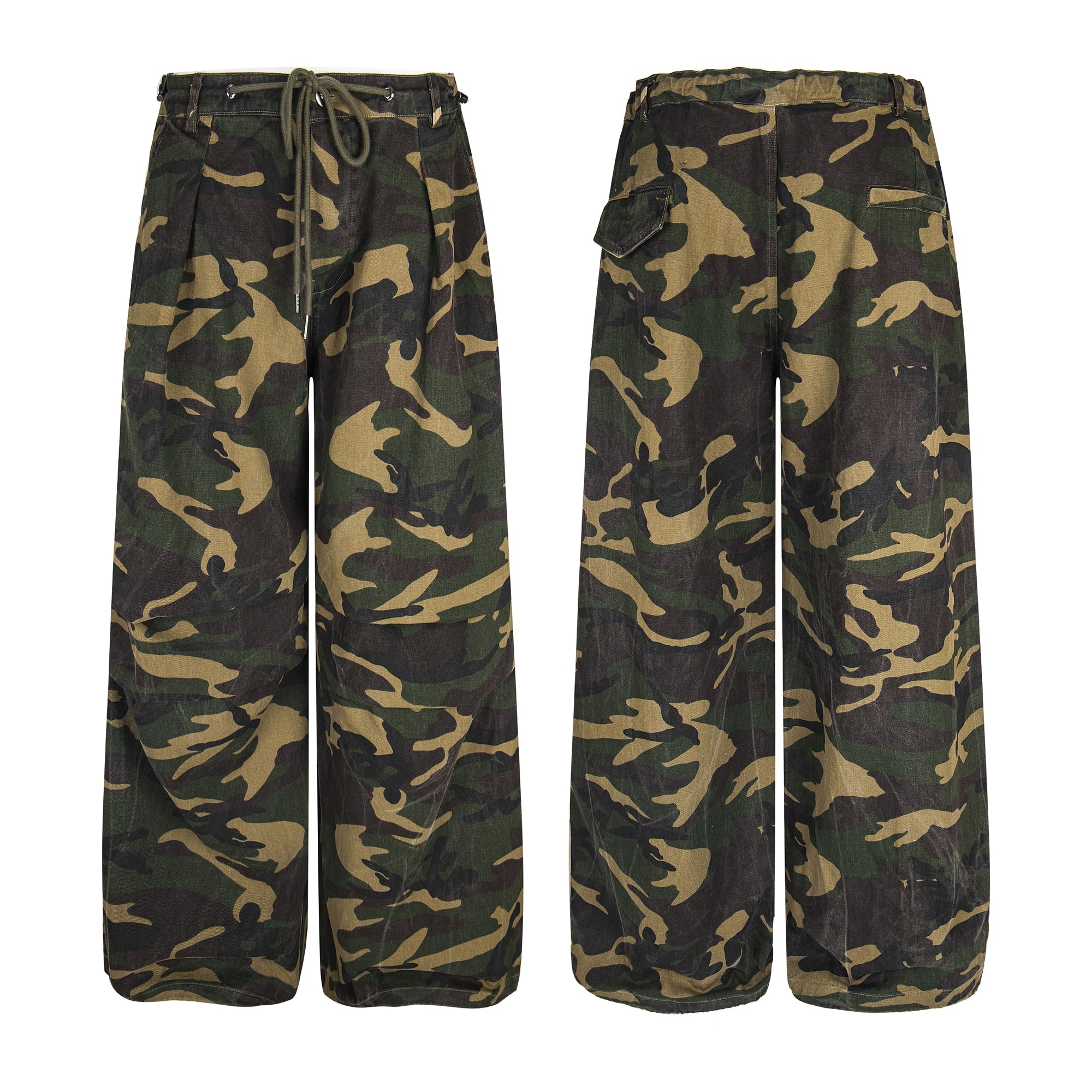 Front and back view of wide-leg woodland camouflage cotton pants with drawstring waist and rear flap pocket