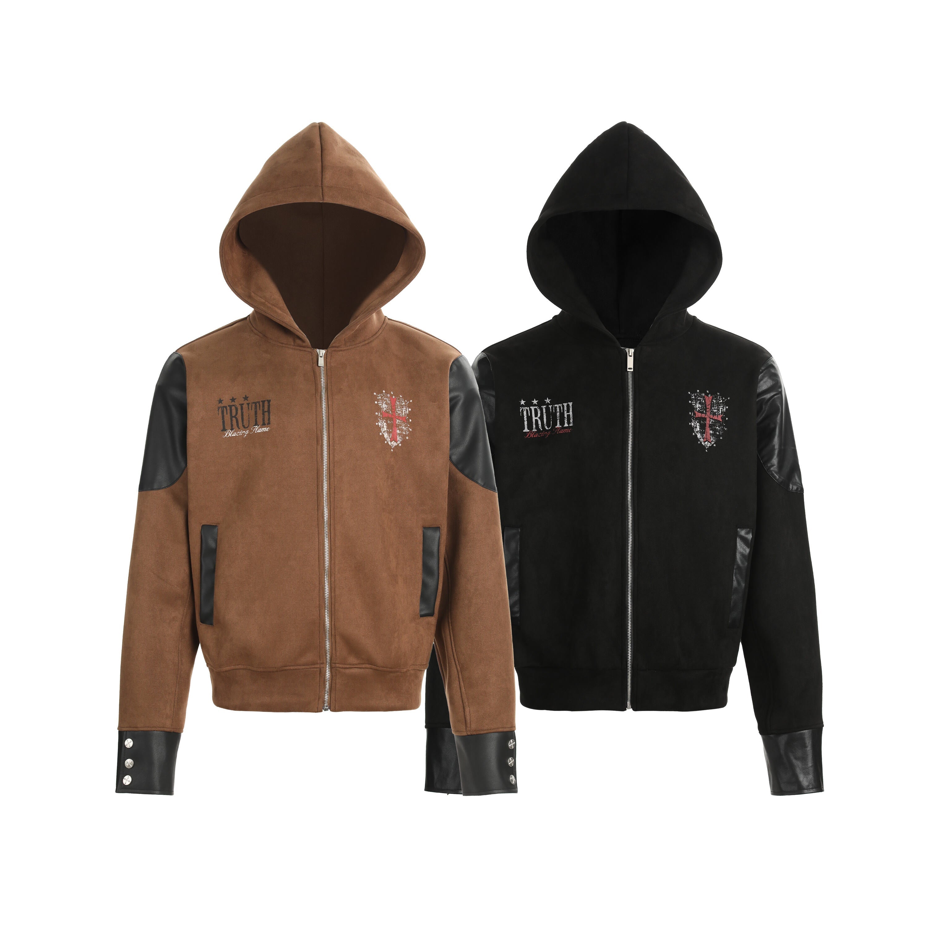 Caramel brown and black mixed-media embroidered hooded zip jackets with faux-leather panels and cross shield crest motif