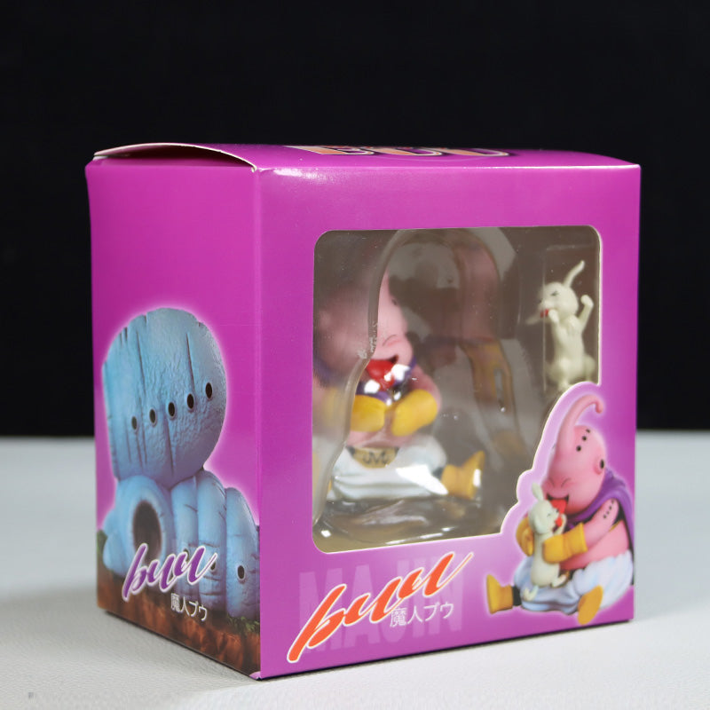 Enthusiasts will find a pink Majin Buu collectible inside the purple box with a clear window, decorated with colorful graphics and text. The 8.5cm Seakoff Dragon Ball Z figure, holding a smaller white bunny, awaits anime fans.