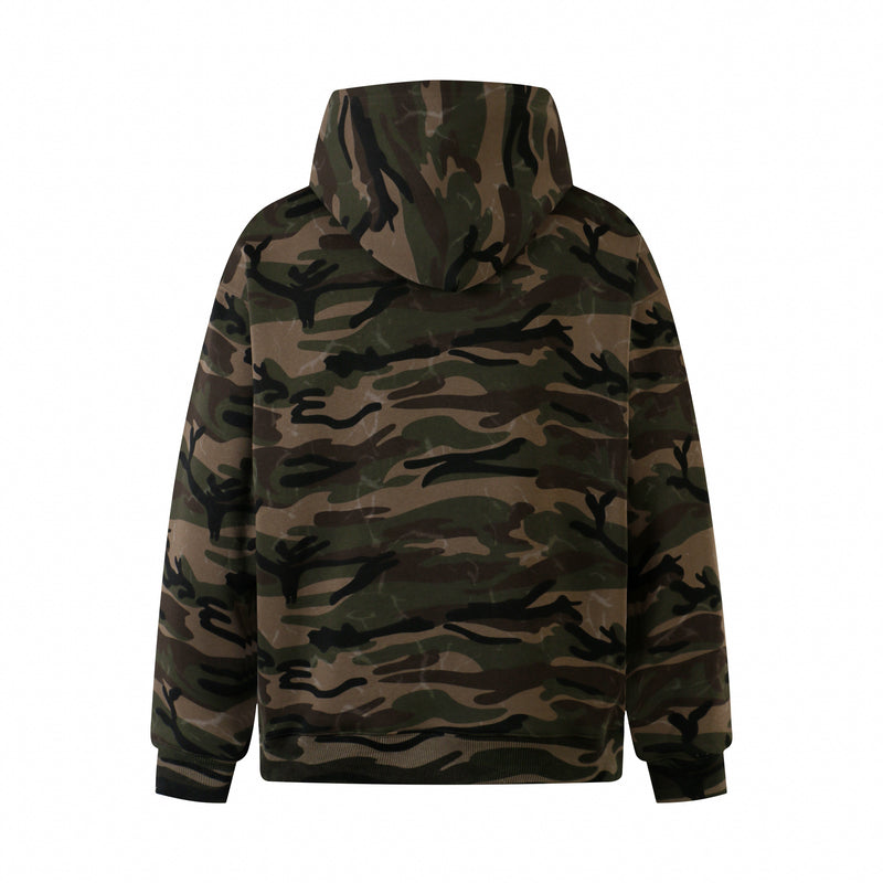 Back view of camouflage hoodie with plain hood and long sleeves