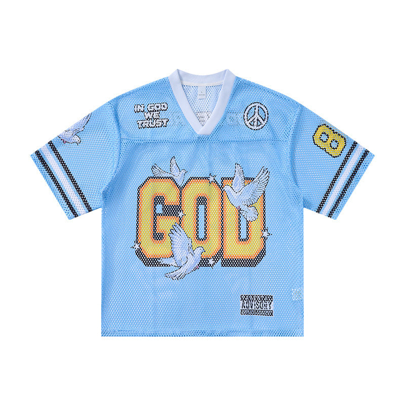 Sky blue mesh jersey t-shirt with bold GOD lettering, white dove graphics, peace symbol patch and In God We Trust text on che