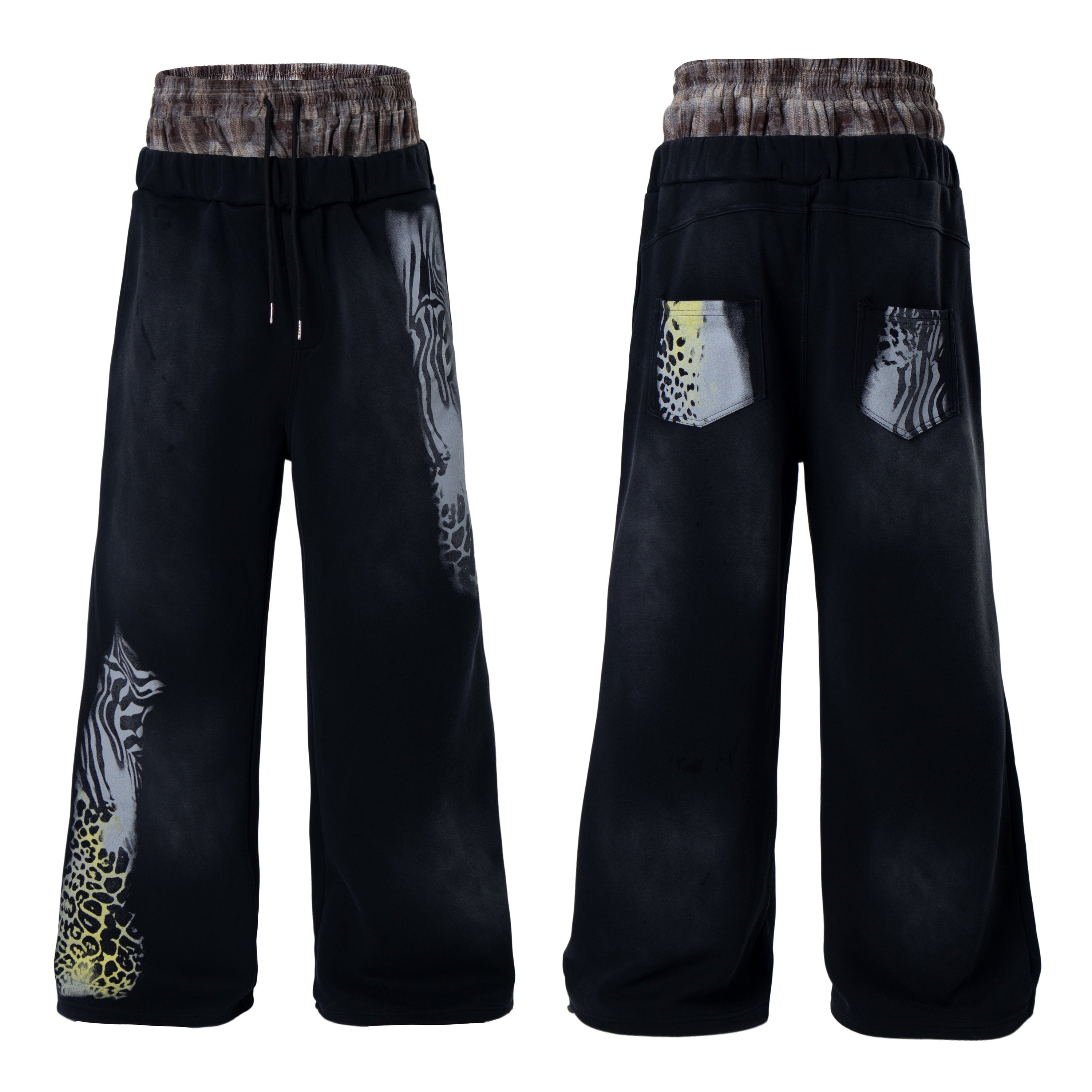 Black wide-leg sweatpants with zebra and leopard graphic print on front leg panels, shown front and back