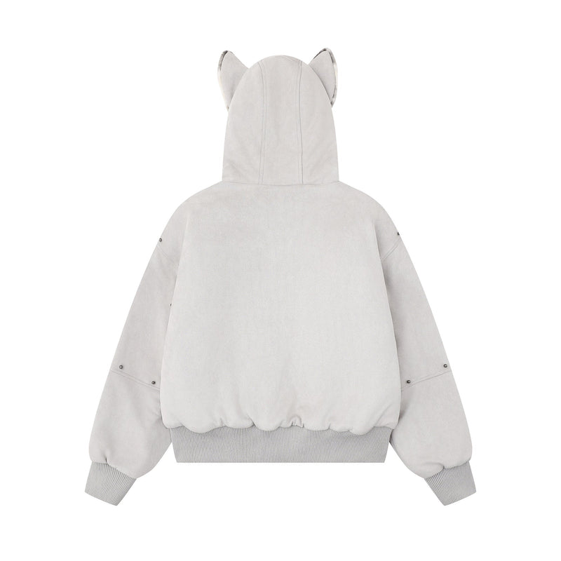 Furry-Ear Zip Hoodie Jacket | Streetwear Puffer with Rivets