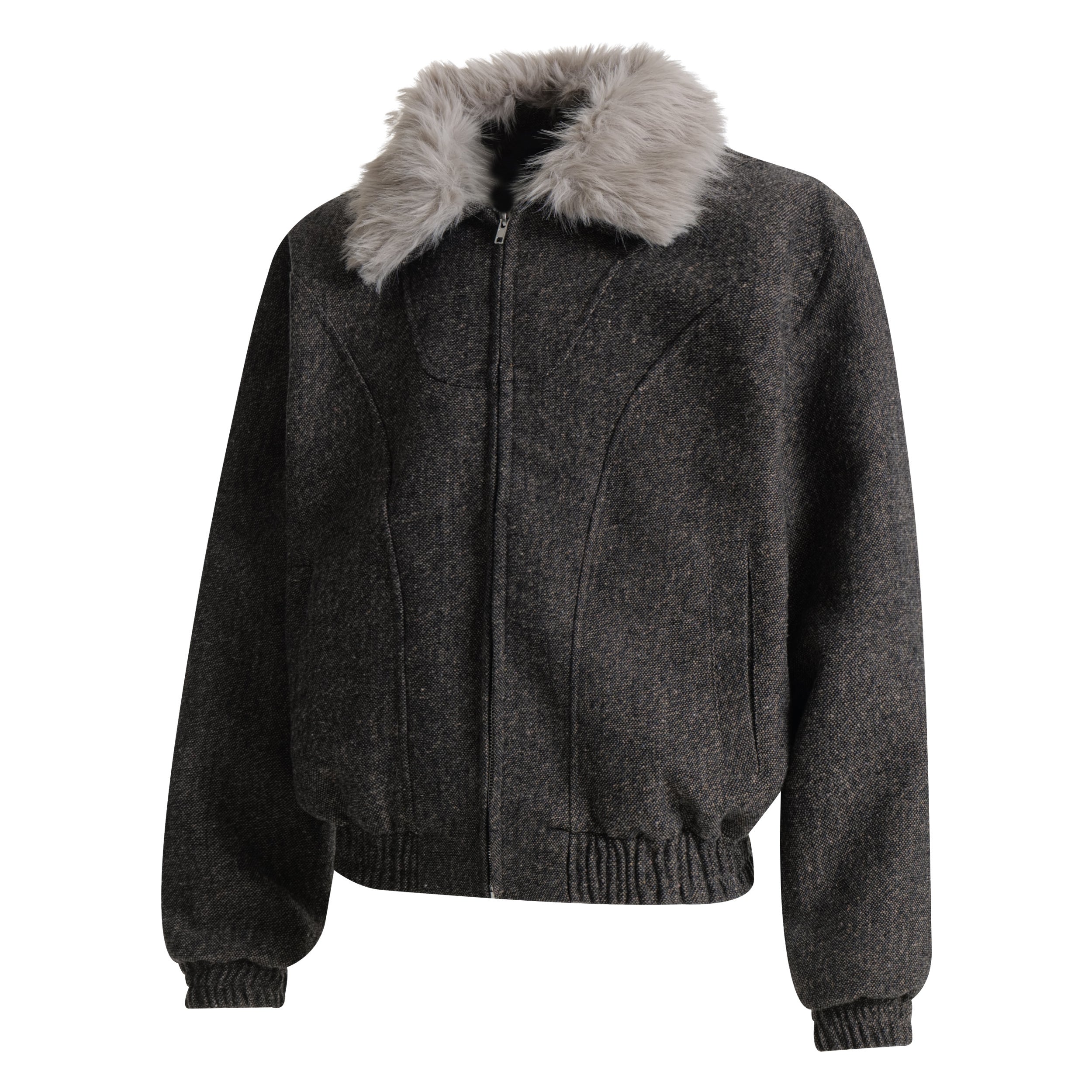 Faux-Fur Collar Wool-Texture Bomber Jacket | Omirad