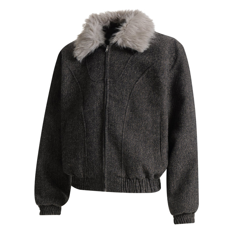 Faux-Fur Collar Wool-Texture Bomber Jacket | Omirad