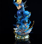 The Seakoff Goku Transformations Collectible Figure (46cm) from Dragon Ball Super features interchangeable heads with a spiky blond-haired character on top and two black-haired characters below, surrounded by dynamic blue energy effects and clouds on a decorative base.