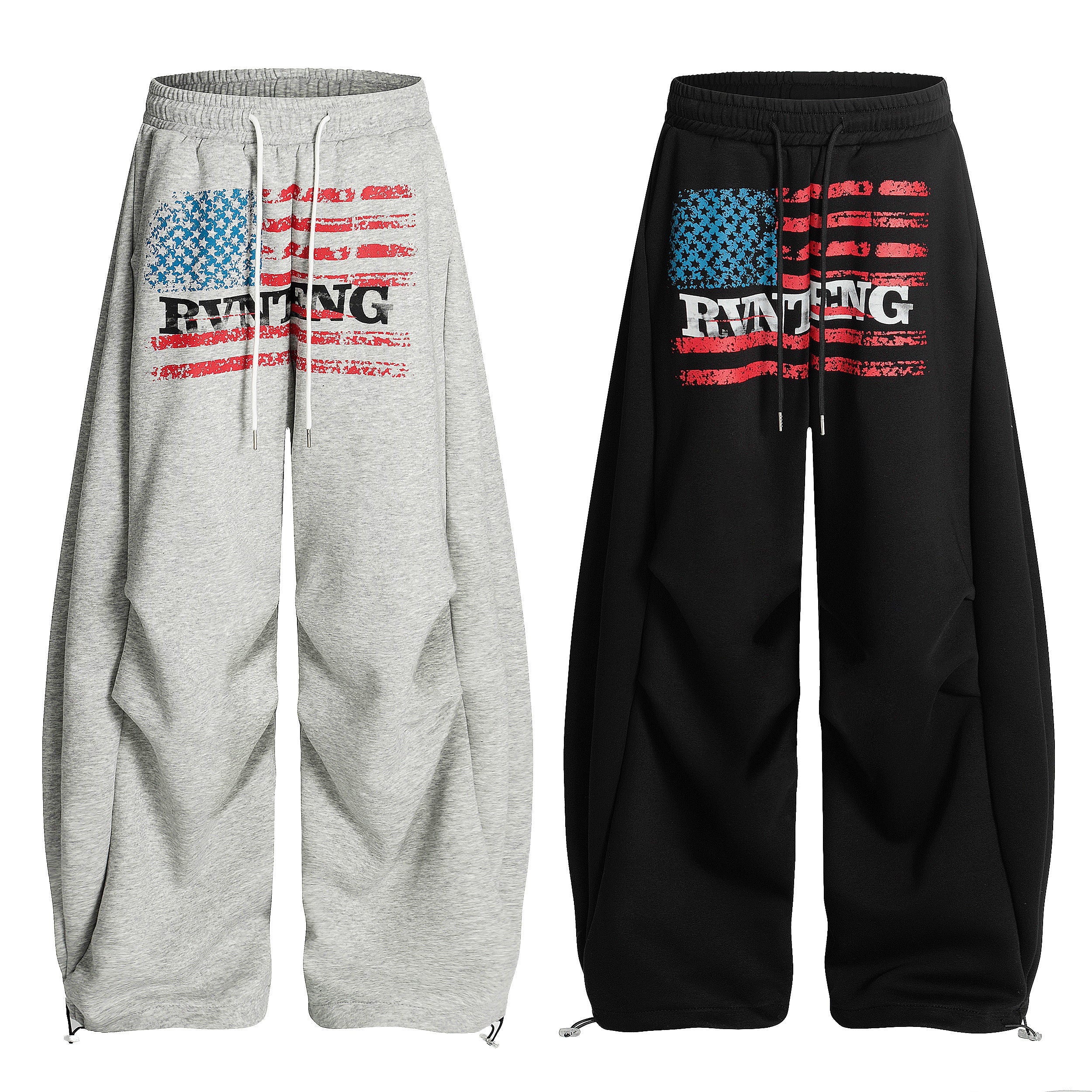 Heather grey and black oversized stacked sweatpants with distressed American flag and RVNTENG logo print