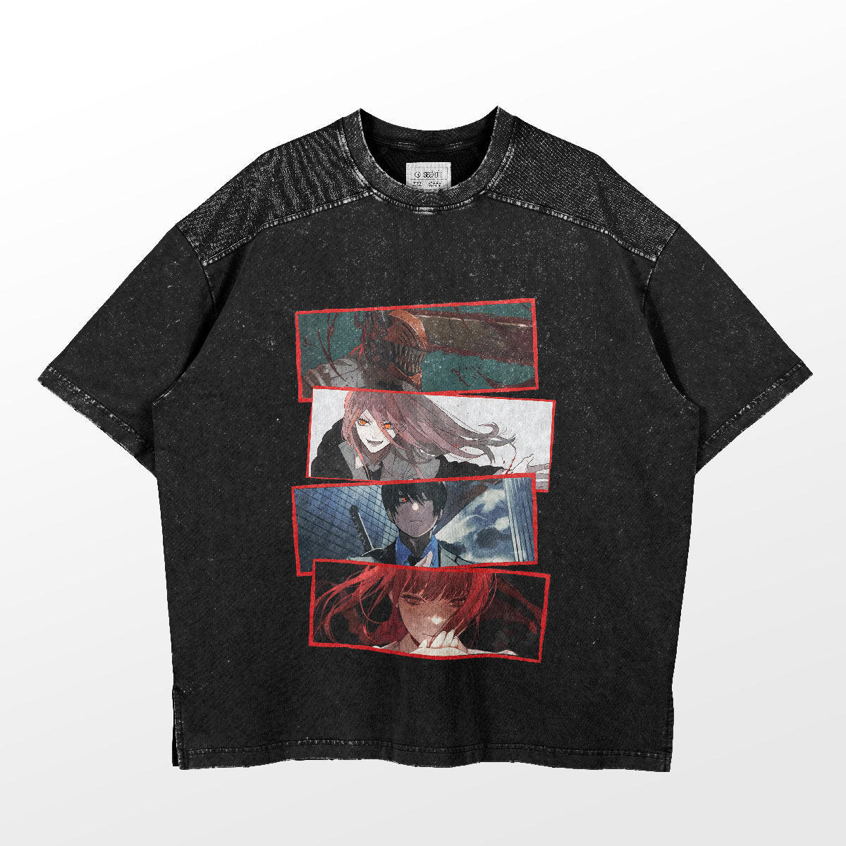 Introducing the Chainsaw Man Character Montage T-Shirt, a black speckled anime shirt with rectangular panels featuring characters with unique hairstyles and expressions in red outlines. Made from 100% cotton, it boasts textured fabric on the shoulders for a stylish touch.