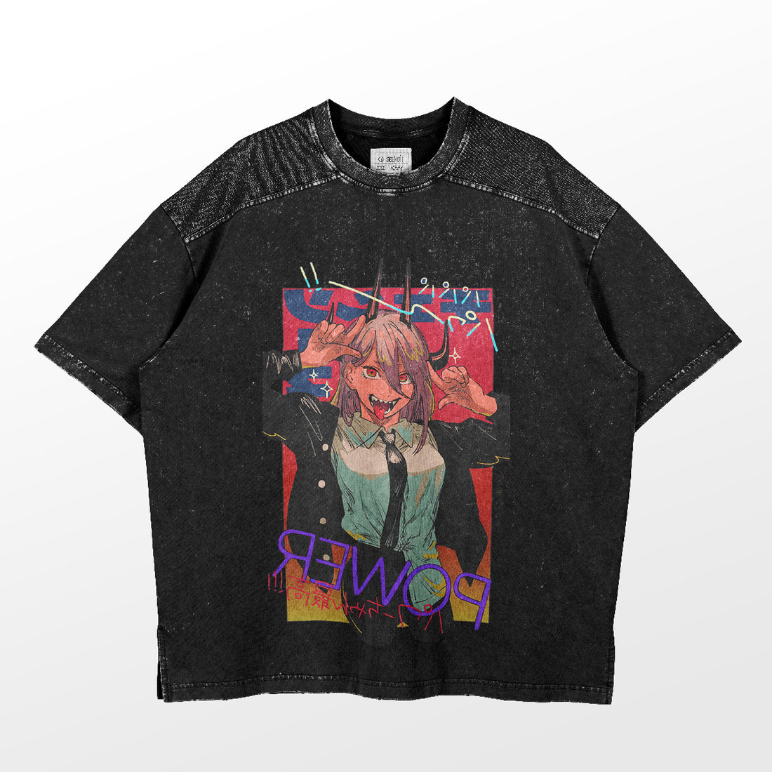 The Chainsaw Man Power T-Shirt is a trendy black anime shirt featuring a colorful pink-haired, horned character graphic on a vibrant background with &quot;POWER&quot; in bold letters, capturing the essence of anime fashion. Made from 100% cotton with a stylish drop shoulder design by Chainsaw Man.