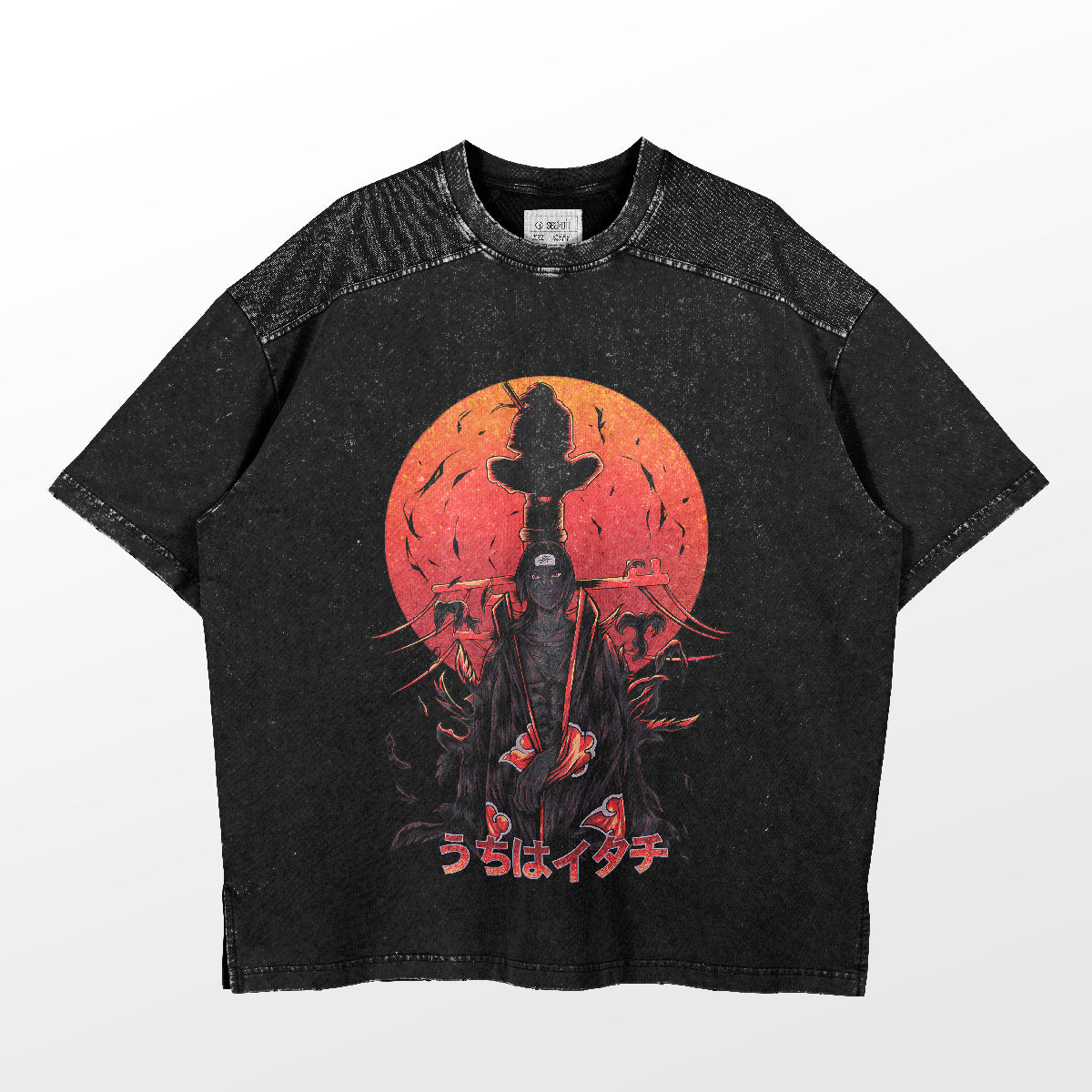 The Naruto Itachi Uchiha Sunset T-Shirt by Naruto features an illustrated Itachi against a sunset circle, with a serious expression and dark elements, ideal for anime fans. Japanese text adorns the bottom of the image.