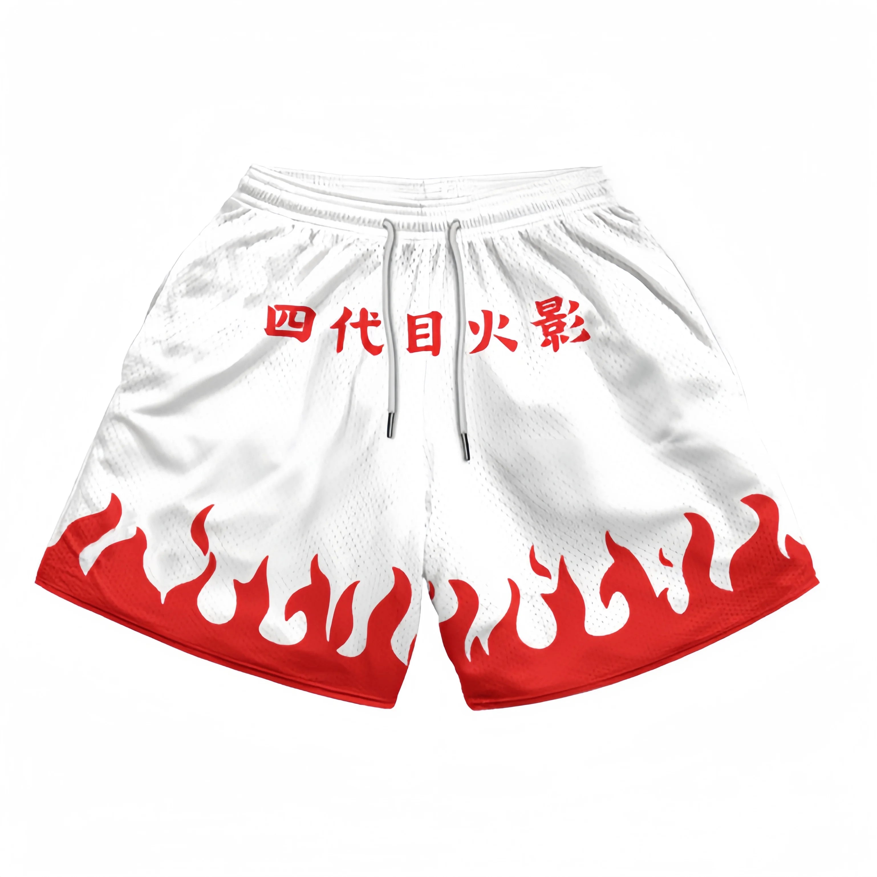 The Seakoff Naruto-Inspired Shorts boast a Fourth Hokage Flame Cloak design with white fabric and bold red flames at the bottom. Above the flames are Chinese characters, capturing anime apparel vibes. An elastic waistband with a drawstring offers optimal comfort.