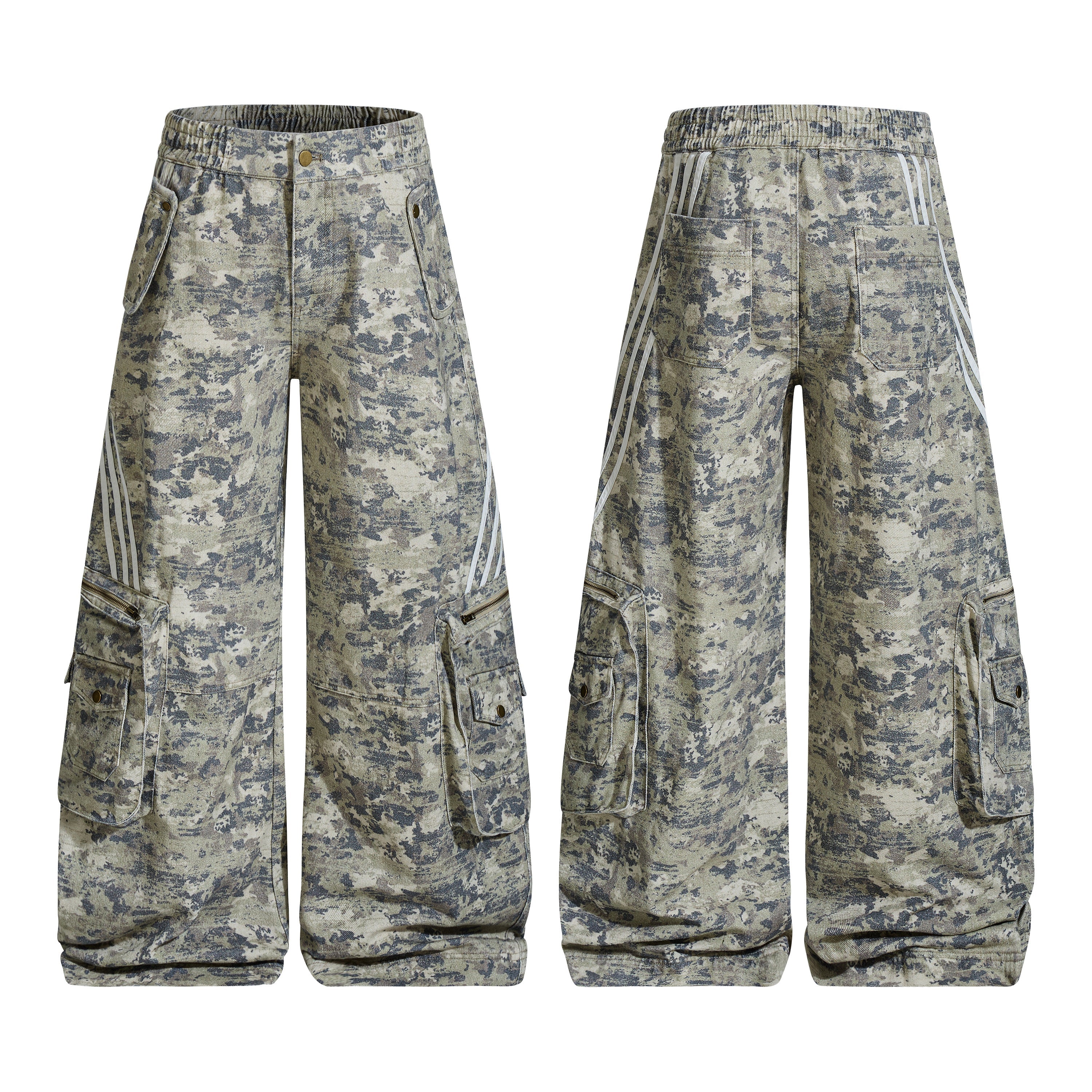 Front and back view of wide-leg digital camo cargo pants with reflective stripe panels and multi-pocket detailing