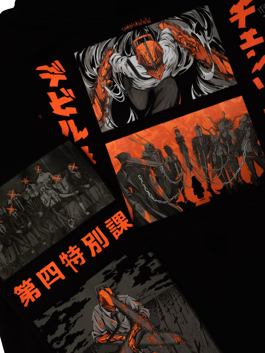 The black Chainsaw Man Hoodie from our streetwear collection boasts a vibrant anime-themed design, featuring action-packed scenes and Japanese text in vivid orange and gray. Made with high-quality 360 GSM cotton in a stylish drop shoulder fit, it's perfect for any anime fashion enthusiast.
