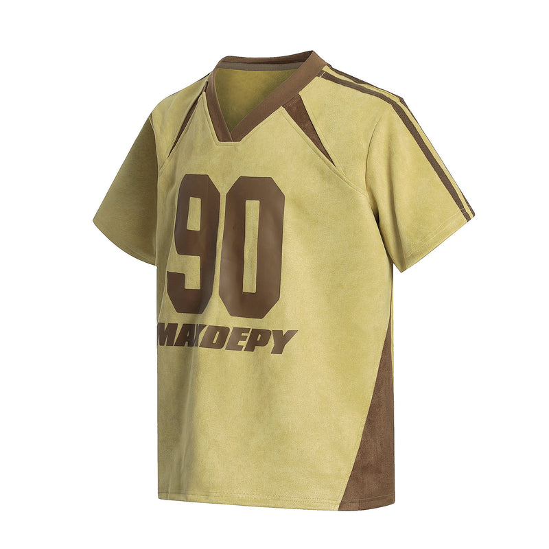 Colorblock varsity mesh jersey tee in beige and brown with large number 90 graphic and streetwear styling