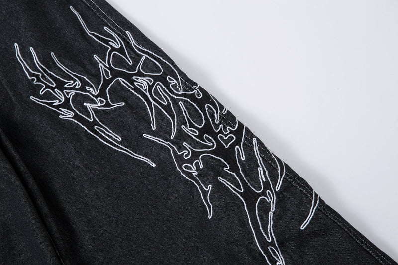 Tribal Wide-Leg Black Denim Jeans | Streetwear Baggy Fit