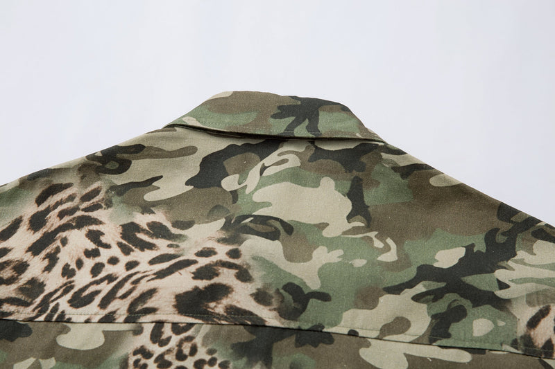 Back yoke and collar close-up on camo leopard print shirt