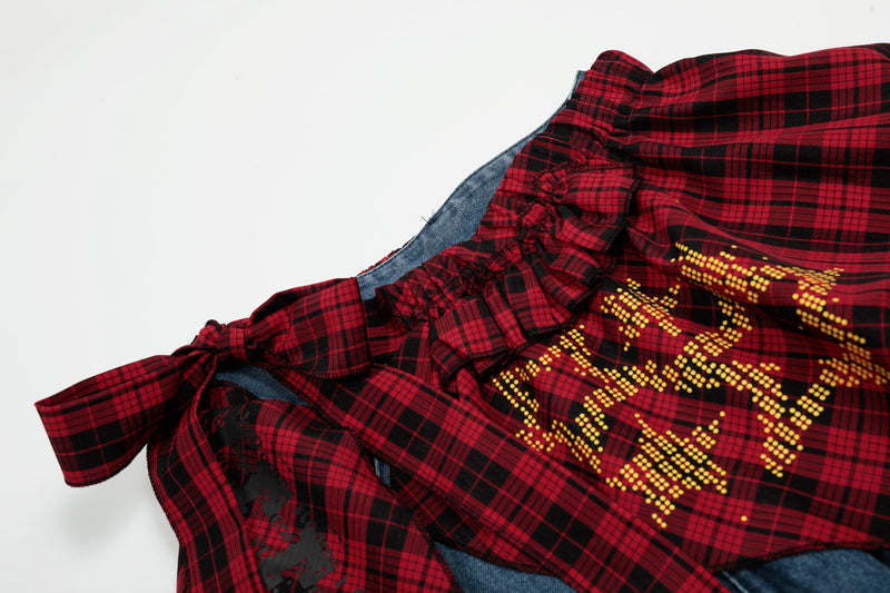Plaid Ruffle Overlay Wide-Leg Denim Pants | Streetwear